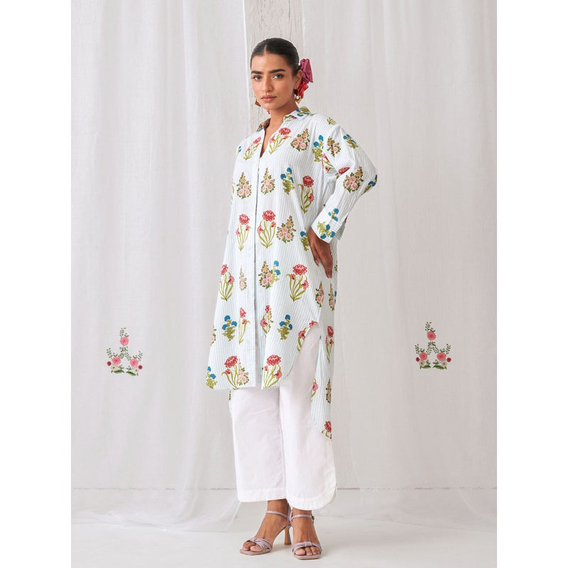 Myaara Blue Floral Shirt Style Kurta Paired with Curved Hem White Palazzo (Set of 2)