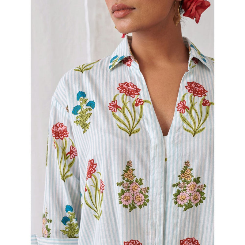 Myaara Blue Floral Shirt Style Kurta Paired with Curved Hem White Palazzo (Set of 2)