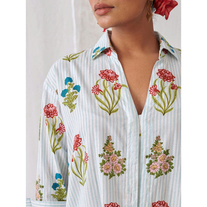 Myaara Blue Floral Shirt Style Kurta Paired with Curved Hem White Palazzo (Set of 2)