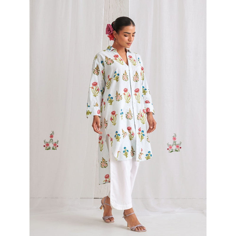 Myaara Blue Floral Shirt Style Kurta Paired with Curved Hem White Palazzo (Set of 2)