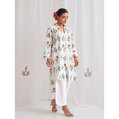 Myaara Blue Floral Shirt Style Kurta Paired with Curved Hem White Palazzo (Set of 2)