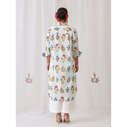 Myaara Blue Floral Shirt Style Kurta Paired with Curved Hem White Palazzo (Set of 2)