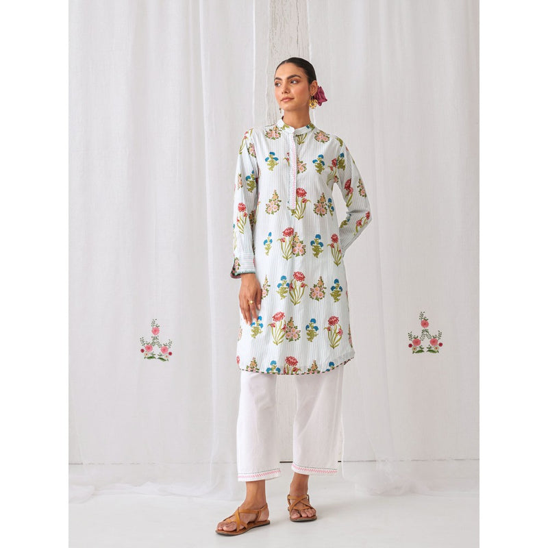 Myaara Blue Floral Kurta with Band Collar Paired with White Straight Pant (Set of 2)
