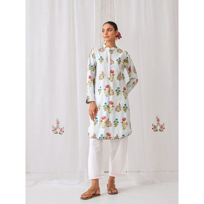 Myaara Blue Floral Kurta with Band Collar Paired with White Straight Pant (Set of 2)