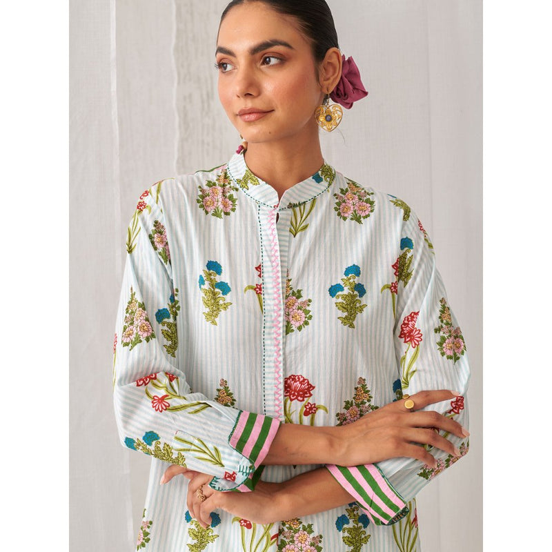 Myaara Blue Floral Kurta with Band Collar Paired with White Straight Pant (Set of 2)