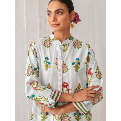 Myaara Blue Floral Kurta with Band Collar Paired with White Straight Pant (Set of 2)