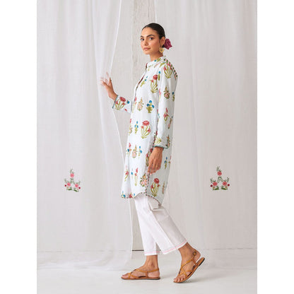 Myaara Blue Floral Kurta with Band Collar Paired with White Straight Pant (Set of 2)