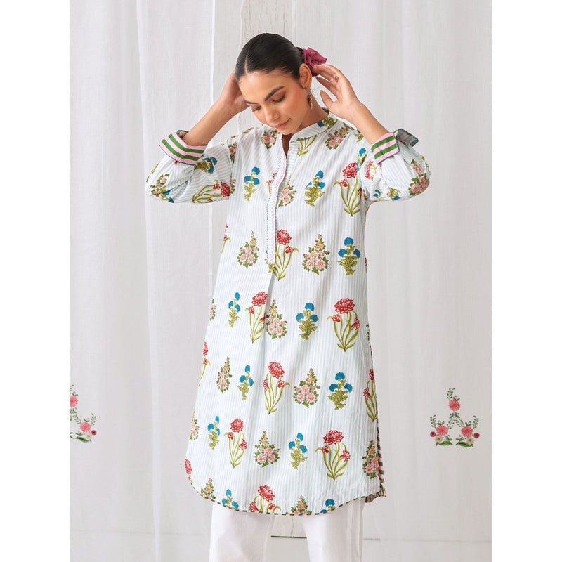 Myaara Blue Floral Kurta with Band Collar Paired with White Straight Pant (Set of 2)
