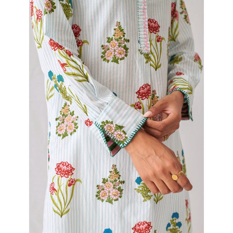 Myaara Blue Floral Kurta with Band Collar Paired with White Straight Pant (Set of 2)