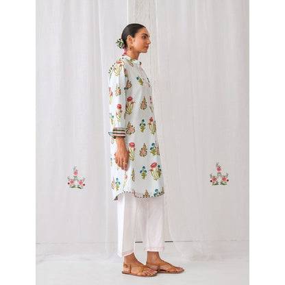Myaara Blue Floral Kurta with Band Collar Paired with White Straight Pant (Set of 2)