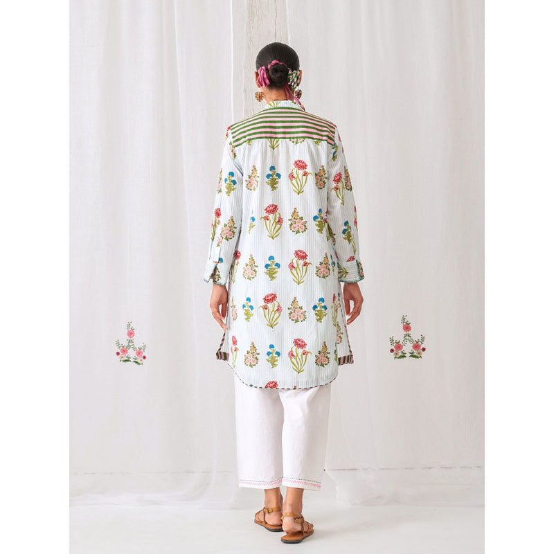 Myaara Blue Floral Kurta with Band Collar Paired with White Straight Pant (Set of 2)