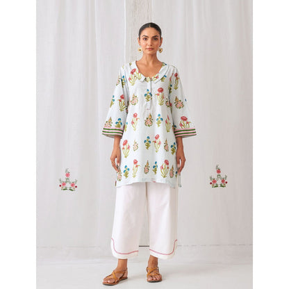 Myaara Blue Floral Collared Kurta Paired with Curved Hem White Palazzo (Set of 2)