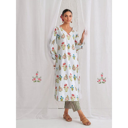 Myaara Blue Floral V Neck Long Kurta Paired With Striped Matching Pant (Set of 2)