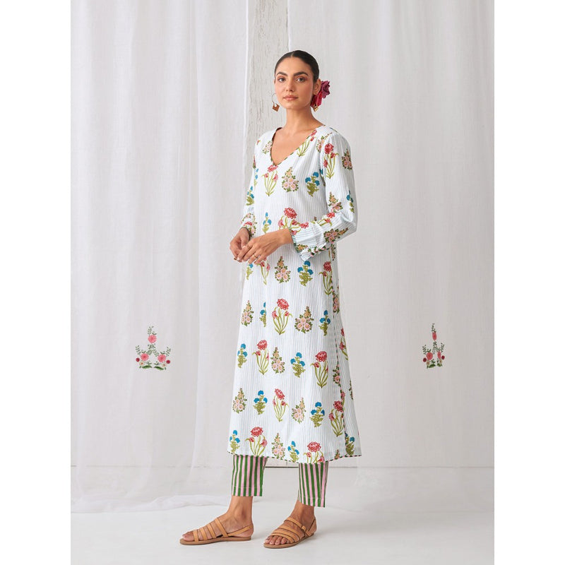 Myaara Blue Floral V Neck Long Kurta Paired With Striped Matching Pant (Set of 2)