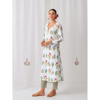 Myaara Blue Floral V Neck Long Kurta Paired With Striped Matching Pant (Set of 2)