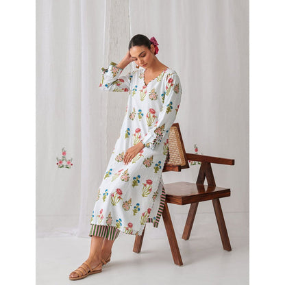 Myaara Blue Floral V Neck Long Kurta Paired With Striped Matching Pant (Set of 2)