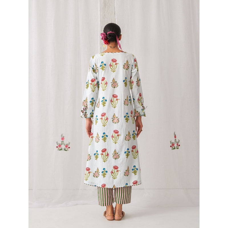Myaara Blue Floral V Neck Long Kurta Paired With Striped Matching Pant (Set of 2)