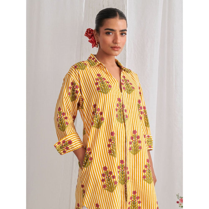 Myaara Yellow Floral Shirt Style Kurta Paired With Curved Hem White Palazzo (Set of 2)