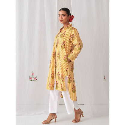 Myaara Yellow Floral Shirt Style Kurta Paired With Curved Hem White Palazzo (Set of 2)