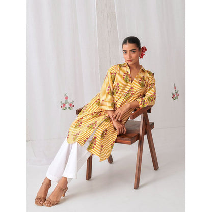 Myaara Yellow Floral Shirt Style Kurta Paired With Curved Hem White Palazzo (Set of 2)