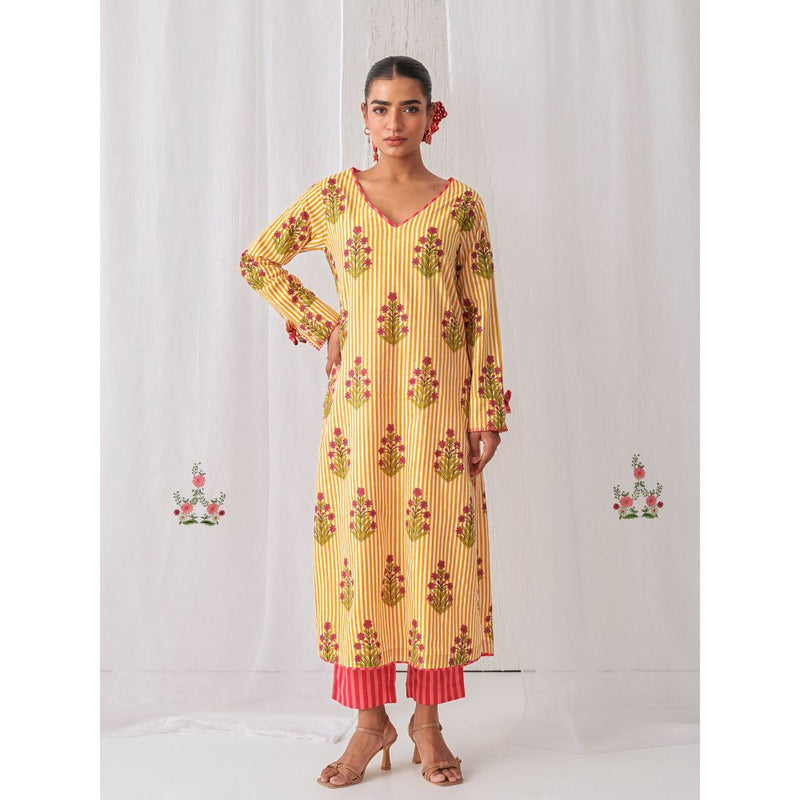 Myaara Yellow Floral V Neck Long Kurta Paired With Striped Matching Pant (Set of 2)