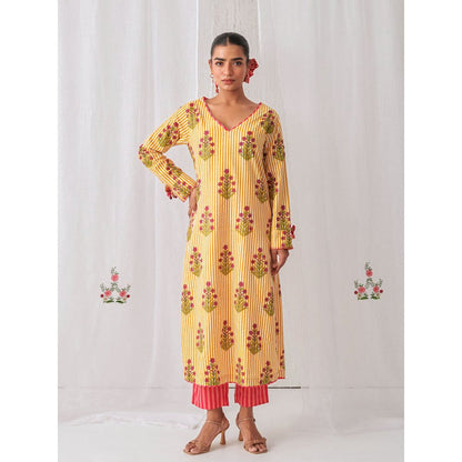 Myaara Yellow Floral V Neck Long Kurta Paired With Striped Matching Pant (Set of 2)