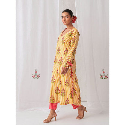 Myaara Yellow Floral V Neck Long Kurta Paired With Striped Matching Pant (Set of 2)