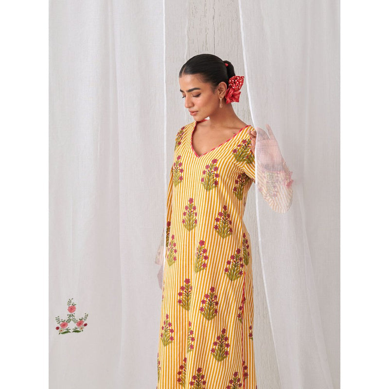 Myaara Yellow Floral V Neck Long Kurta Paired With Striped Matching Pant (Set of 2)