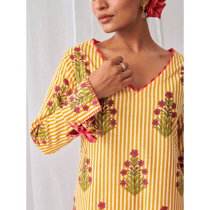 Myaara Yellow Floral V Neck Long Kurta Paired With Striped Matching Pant (Set of 2)