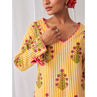 Myaara Yellow Floral V Neck Long Kurta Paired With Striped Matching Pant (Set of 2)