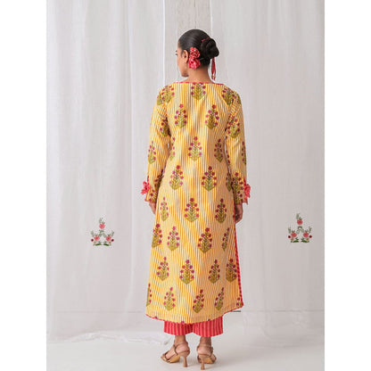 Myaara Yellow Floral V Neck Long Kurta Paired With Striped Matching Pant (Set of 2)