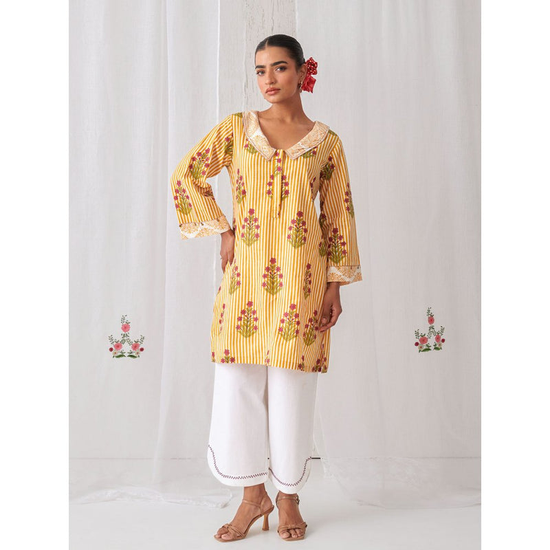 Myaara Yellow Floral Collared Kurta Paired With Curved Hem White Palazzo (Set of 2)