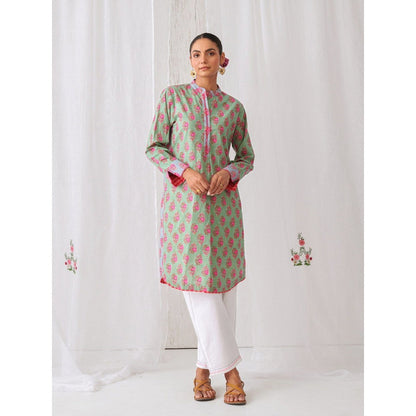 Myaara Mint Green Floral Kurta With Paired With White Straight Pant (Set of 2)