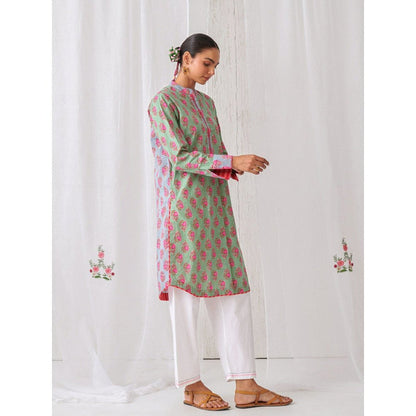 Myaara Mint Green Floral Kurta With Paired With White Straight Pant (Set of 2)