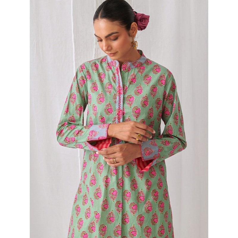 Myaara Mint Green Floral Kurta With Paired With White Straight Pant (Set of 2)