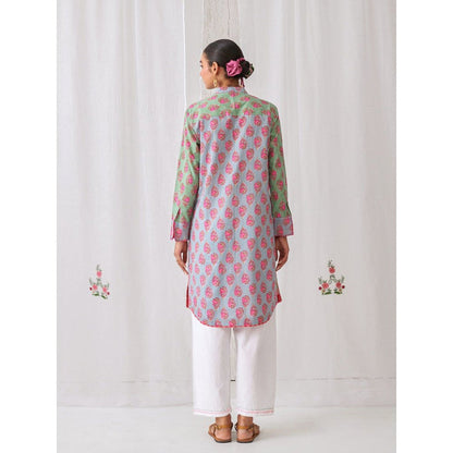 Myaara Mint Green Floral Kurta With Paired With White Straight Pant (Set of 2)