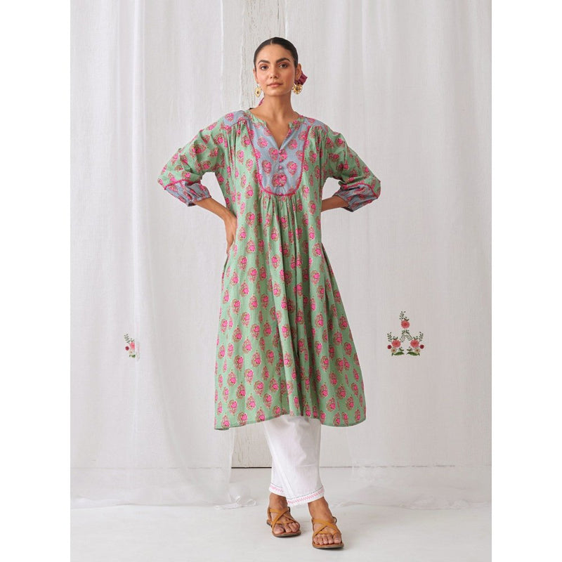 Myaara Mint Green Floral Gathered Kurta Paired With White Straight Pant (Set of 2)