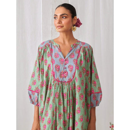 Myaara Mint Green Floral Gathered Kurta Paired With White Straight Pant (Set of 2)