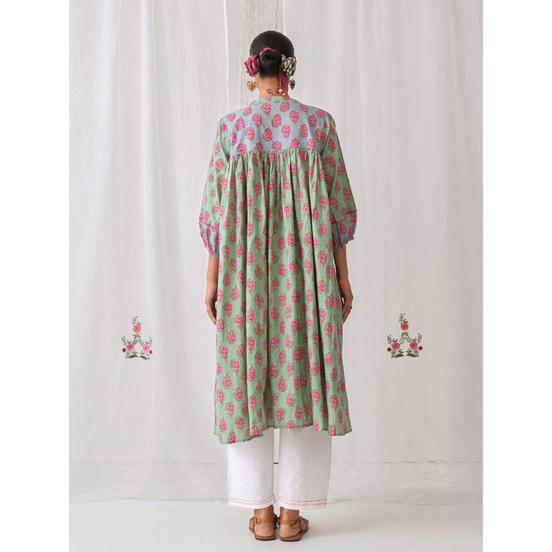 Myaara Mint Green Floral Gathered Kurta Paired With White Straight Pant (Set of 2)