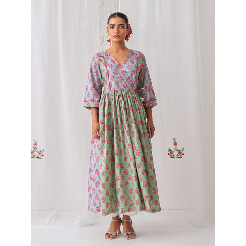 Myaara Mint Green & Blue Floral Angrakha Kurta Paired With Straight White Pant (Set of 2)