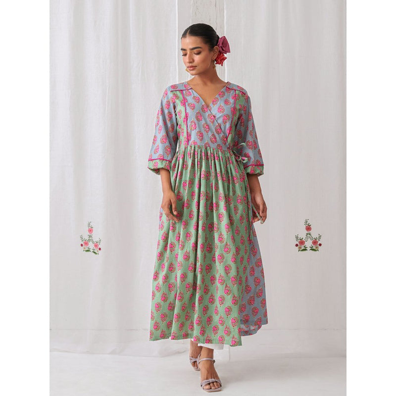 Myaara Mint Green & Blue Floral Angrakha Kurta Paired With Straight White Pant (Set of 2)