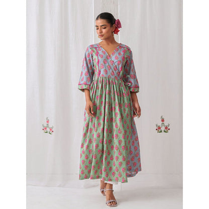 Myaara Mint Green & Blue Floral Angrakha Kurta Paired With Straight White Pant (Set of 2)