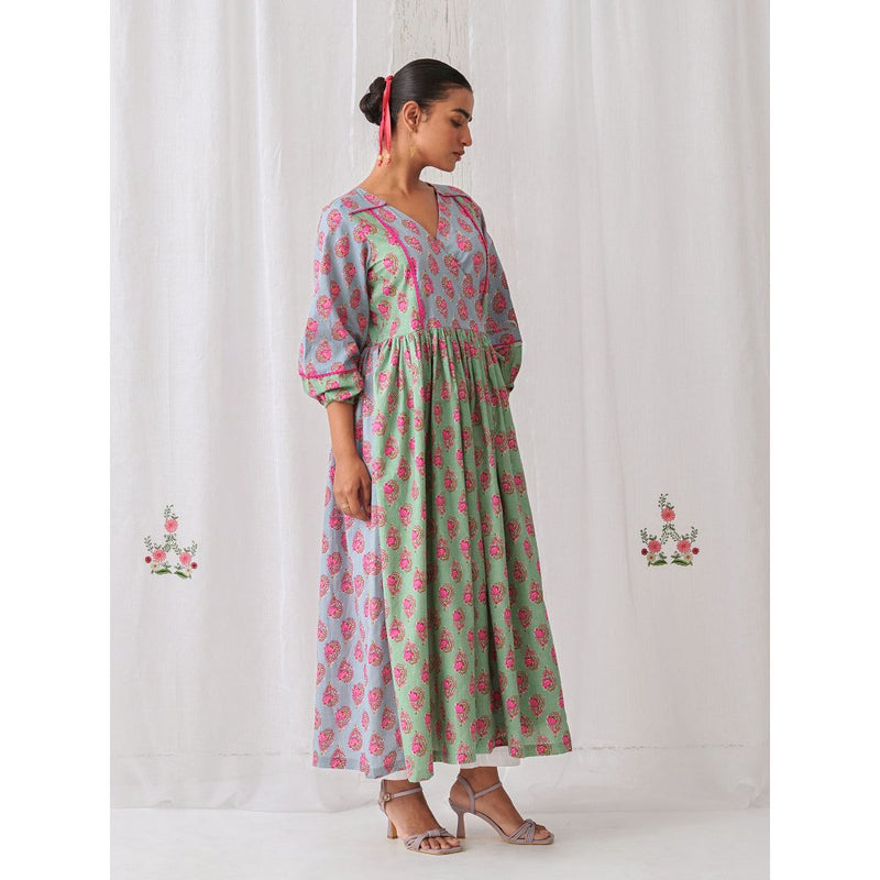 Myaara Mint Green & Blue Floral Angrakha Kurta Paired With Straight White Pant (Set of 2)