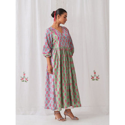 Myaara Mint Green & Blue Floral Angrakha Kurta Paired With Straight White Pant (Set of 2)