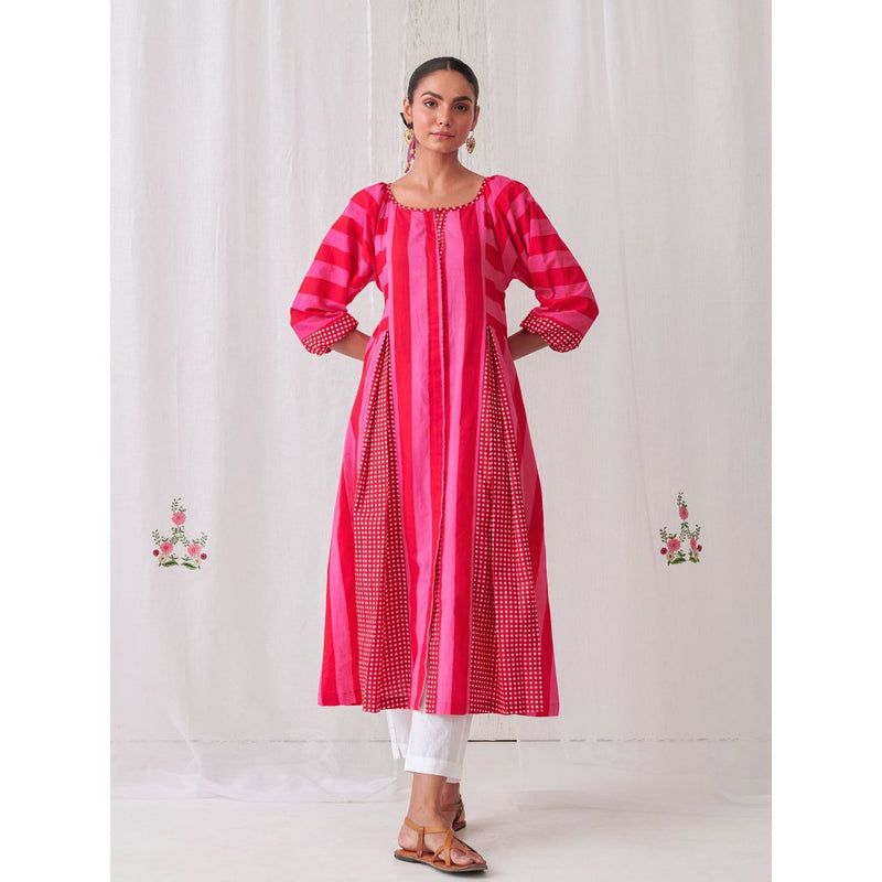 Myaara Pink & Red Striped Box Pleat Inserts Kurta Paired With Straight White Pant (Set of 2)