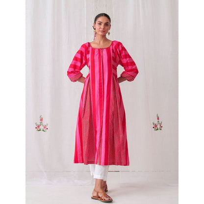 Myaara Pink & Red Striped Box Pleat Inserts Kurta Paired With Straight White Pant (Set of 2)