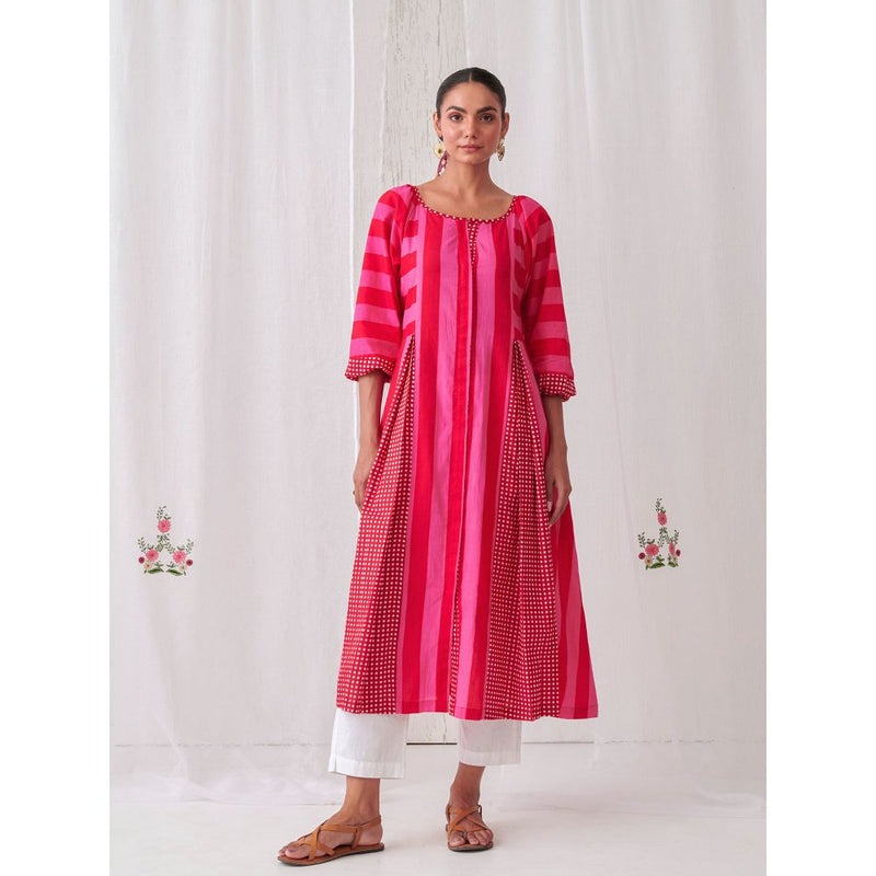 Myaara Pink & Red Striped Box Pleat Inserts Kurta Paired With Straight White Pant (Set of 2)