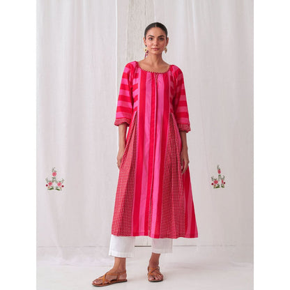 Myaara Pink & Red Striped Box Pleat Inserts Kurta Paired With Straight White Pant (Set of 2)
