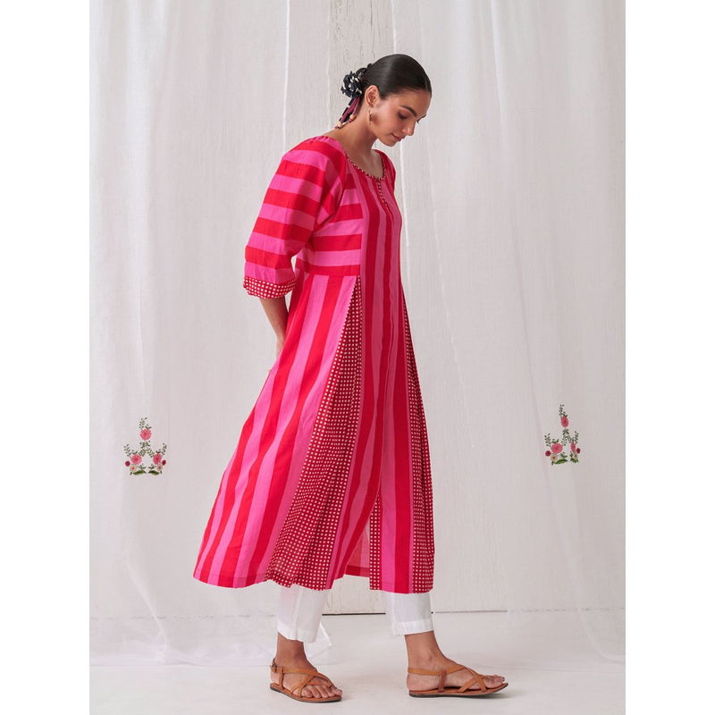 Myaara Pink & Red Striped Box Pleat Inserts Kurta Paired With Straight White Pant (Set of 2)