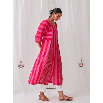 Myaara Pink & Red Striped Box Pleat Inserts Kurta Paired With Straight White Pant (Set of 2)